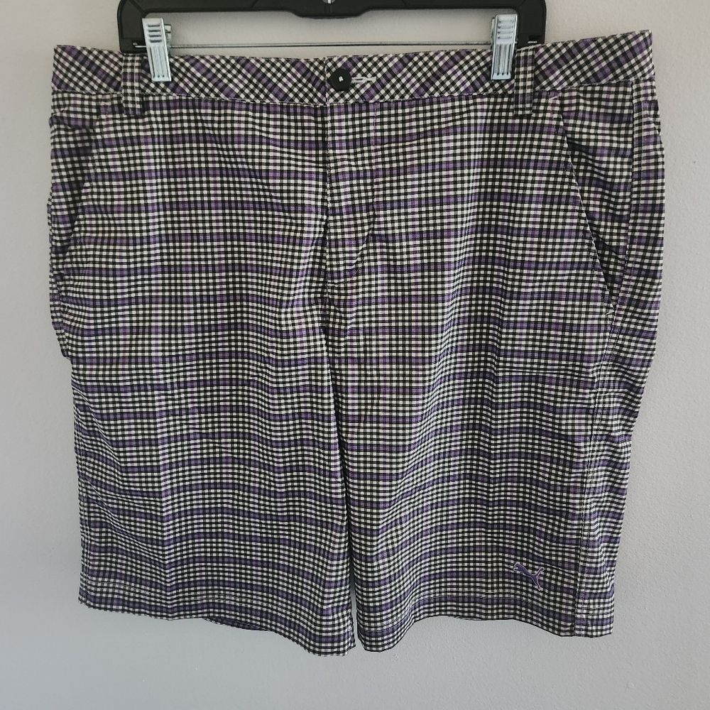 PUMA Golf Tech Shorts DryCell Purple Black Plaid Stretch Logo Men's 40